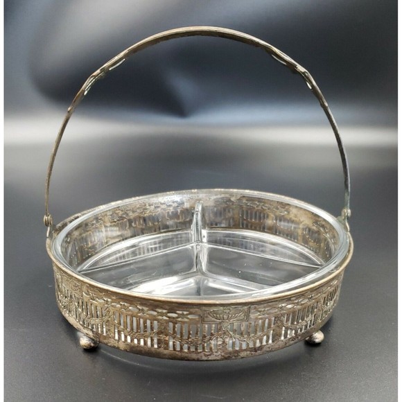 Art Nouveau Divided Glass Bowl with Distressed Silver Plate Holder Candy Snacks - Picture 11 of 16